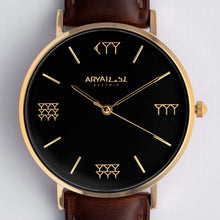 Load image into Gallery viewer, Black and Gold 36 mm Brown Leather Arya Watch