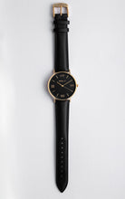 Load image into Gallery viewer, Black and Gold 36 mm Black Leather Arya Watch