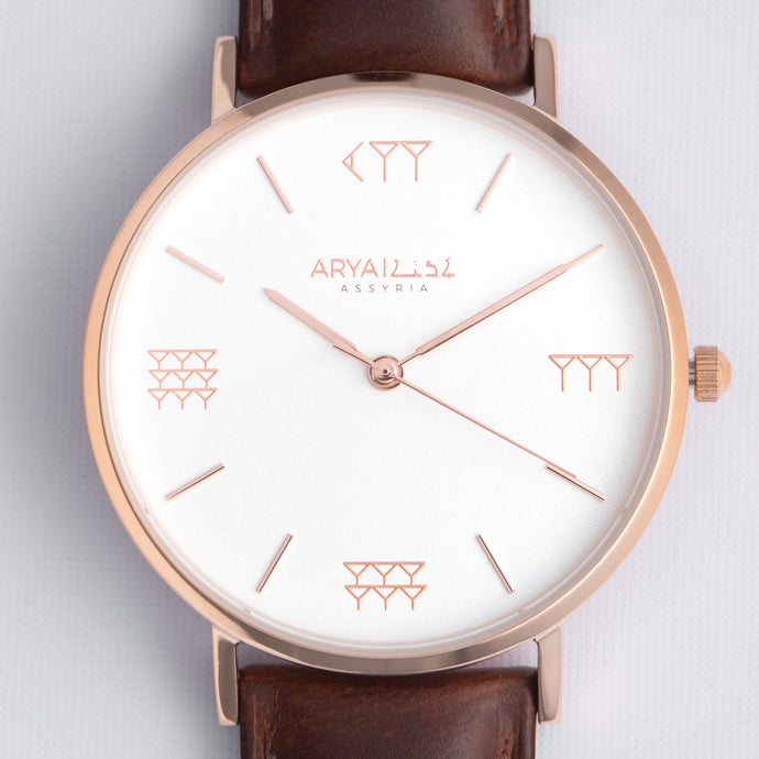 White and Rose Gold 36 mm Brown Leather Arya Watch