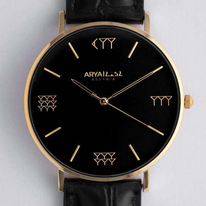 Black and Gold 40 mm Black Leather Arya Watch