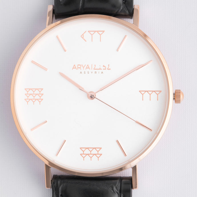 White and Rose Gold 40 mm Black Leather Arya Watch