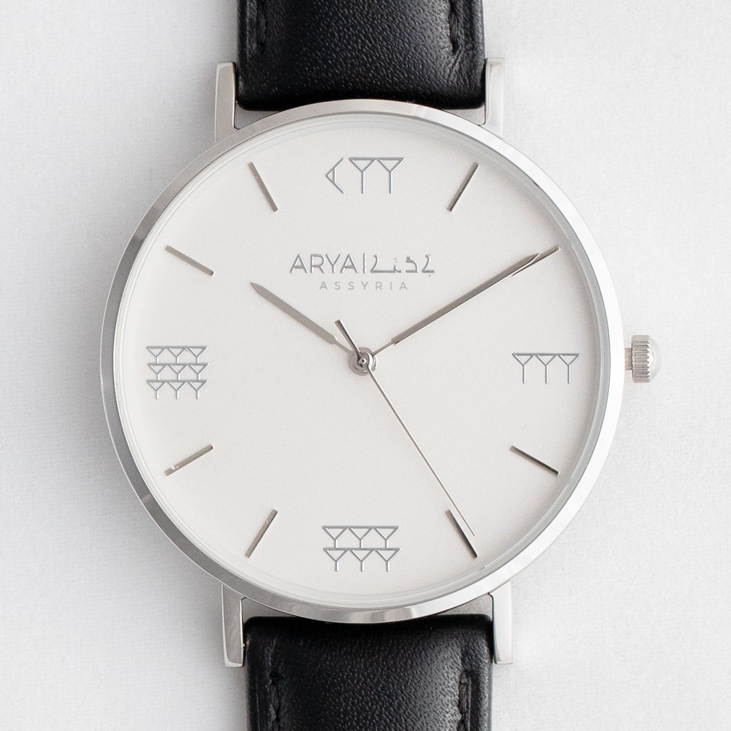 White and Silver 38 mm Black Leather Arya Watch