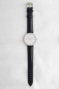 White and Silver 38 mm Black Leather Arya Watch