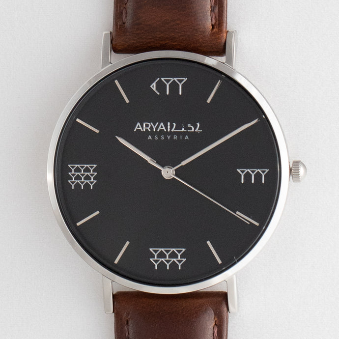 Black and Silver 38 mm Brown Leather Arya Watch