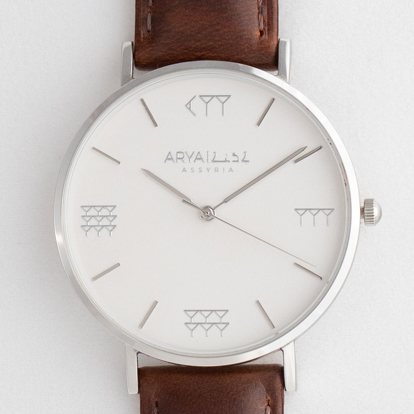 White and Silver 38 mm Brown Leather Arya Watch