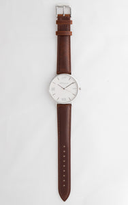 White and Silver 38 mm Brown Leather Arya Watch