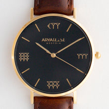 Load image into Gallery viewer, Black and Gold 38 mm Brown Leather Arya Watch